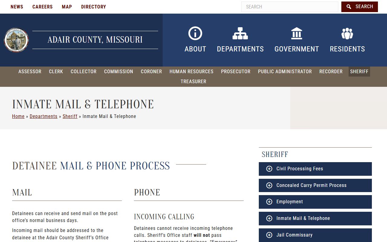 Adair County inmate records jail mail and telephone rules