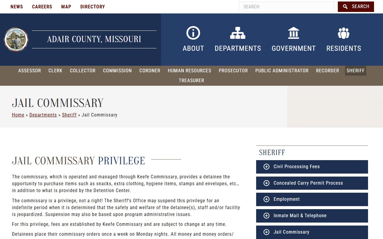 Adair County inmate records jail commissary and deposit rules