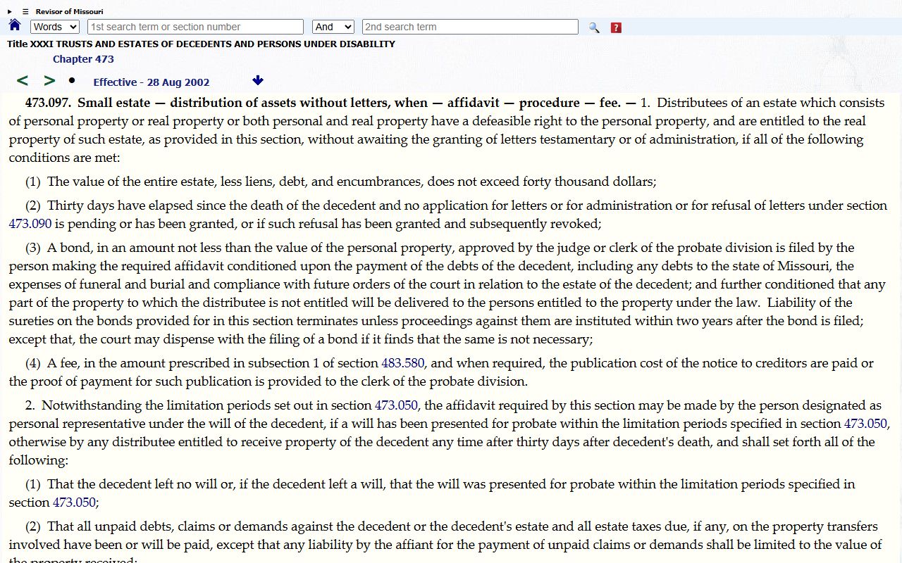 Adair County probate records Missouri small estate affidavit statute