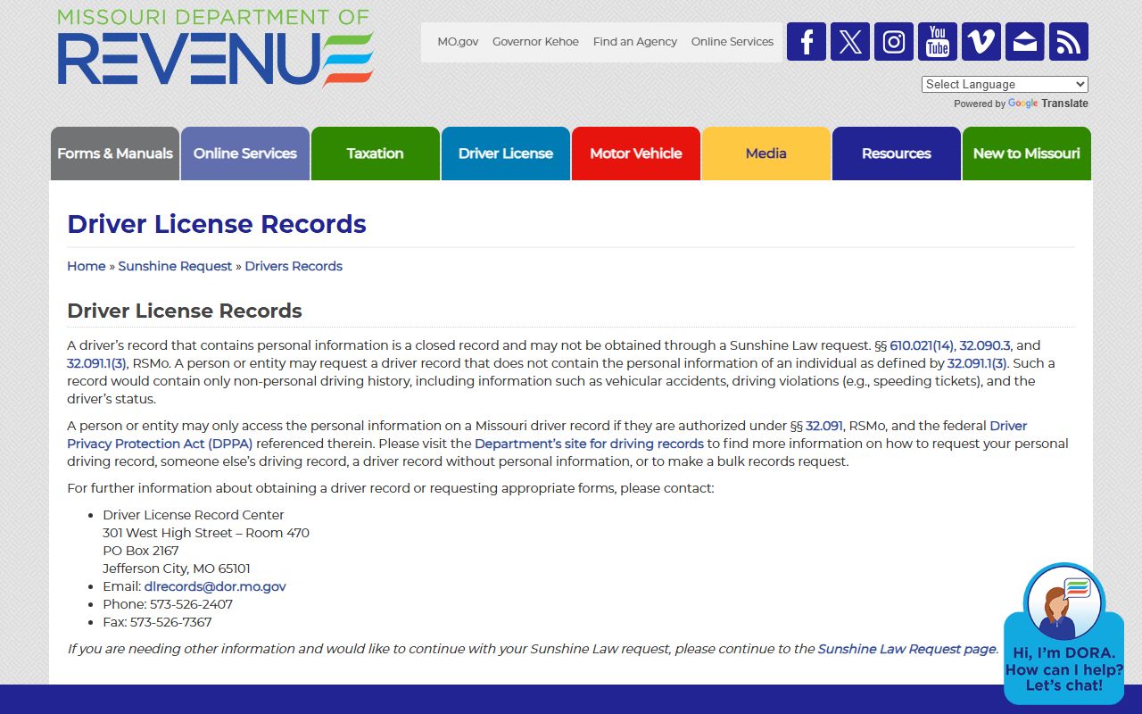 Adair County traffic court records Missouri DOR driver privacy page