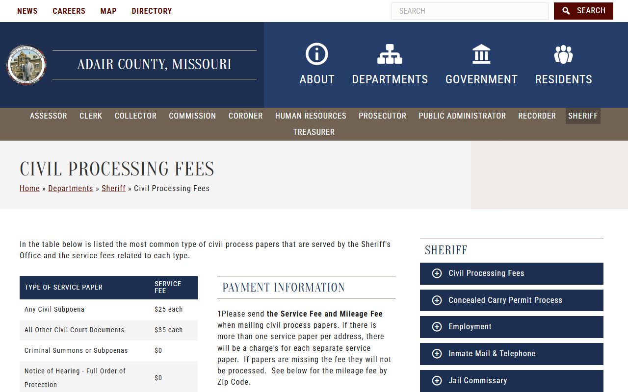 Adair County warrant records sheriff civil processing fee table
