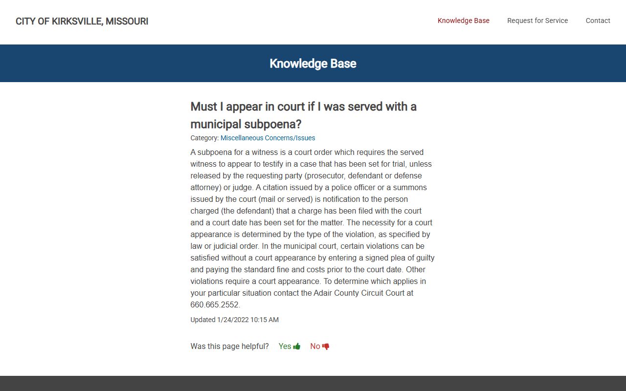 Adair County warrant records Kirksville mandatory appearance ticket FAQ